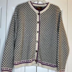 Women's Vintage Alps Cardigan Sweater Cream Black Purple Cotton Acrylic Sz Small